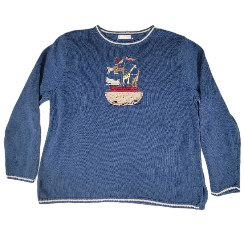 Cj Banks Vintage Hand Embroidered Ark Animal Sweater Sz Medium* Blue Art Classic